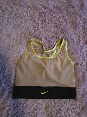 Nike Beige Sports Bra with Neon Yellow Trim and Black Band